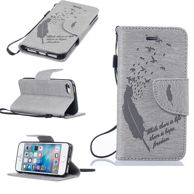 

Gray Feathers and birds Style Embossing Classic Flip Cover with Stand Function and Credit Card Slot for IPHONE 5/5S/5SE