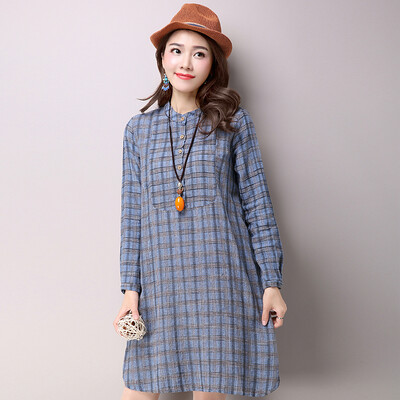 

JIANZHI JIANZHI 2017 Autumn Cotton&Mosaic Large Size Women&39s Dress Dresser Slim Simple Long Sleeve Solid Color Plaid Dress Female B8613 Blue XL