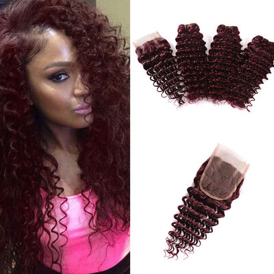 

Burgundy Indian Loose Wave Virgin Hair Red Raw Loose Curly Deep Ocean Wave 99j Human Hair Weave Wet And Wavy 3 Bundles Closure