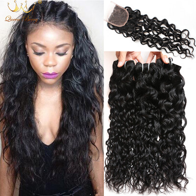 

4 Bundles LOT Human Hair Malaysian Water Wave With Closure Malaysian Virgin Hair With Closure 7A Water Wave Virgin Hair With Clos