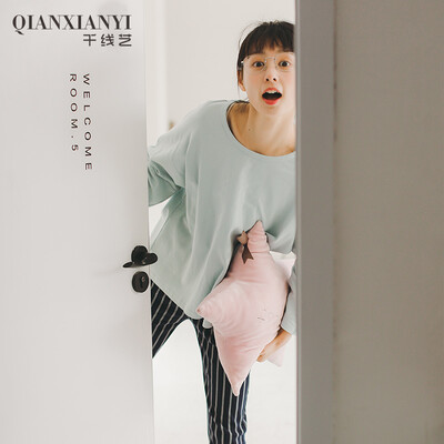 

Тысячи искусств 2017 весной пижамы с длинными рукавами брюки дамы корейской версии сплошной цвет потерять регулярные полосы домашний сервис форму костюм Q563184 синий пепел L код