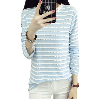

Longyue Women Korean Stripe Lace Wave Long Sleeve T-Shirt Fashion Splice Long Sleeve Small Fresh Shirt LWTC172307 Blue M