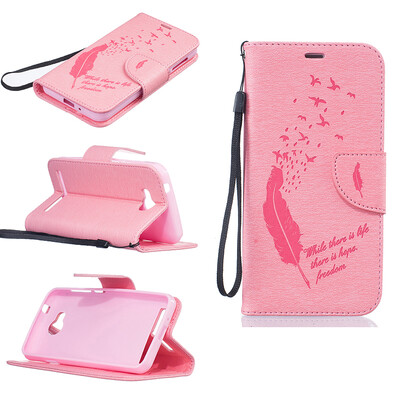 

Pink Feathers and birds Style Embossing Classic Flip Cover with Stand Function and Credit Card Slot for HUAWEI Y3 II