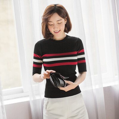 

VIVAHEART Korean casual striped T-shirt round neck Sleeve sweater T-shirt VWYC172450 Black L