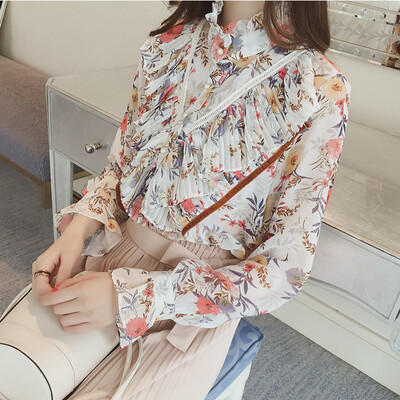 

sustory ladies 2017 spring wood ear edge retro floral chiffon shirt female trumpet sleeves casual Slim printing down shirt SU052 white M