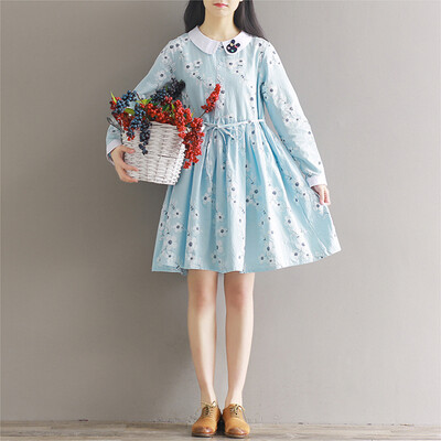 

City Plus CITYPLUS Sen Female College Wind Small Fresh Loose Embroidery Print Long Sleeve Dress CWQZ173154 Light Blue S