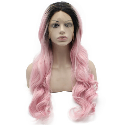 

Long Wavy Black Pink Two Tone Synthetic Lace Front Ombre Wig