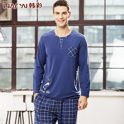 

[Jingdong supermarket] Han Choi (HACAI) men's pajamas long-sleeved modal round neck thin card cartoon printing men's clothing suit blue 175 \ 100 (XL)