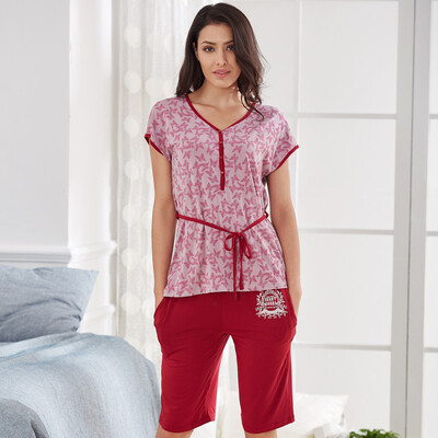 

Han Choi HACAI pajamas women short sleeve 2017 summer modal thin female home clothing suit crimson 17095