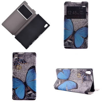 

Blue Butterfly Design Кожа PU откидной крышки Кошелек для карты памяти Чехол для Sony Xperia Z5