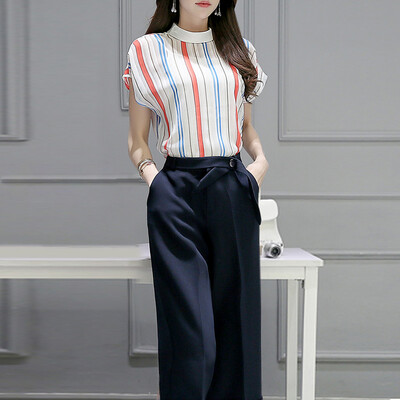 

Xian Ya корейской моды Тонкий темперамент был тонкий круглый воротник диких полос элегантный простой небольшой аромат досуг широкая нога брюки костюм женский zx16053006 красный полосатый темно-синий XXL