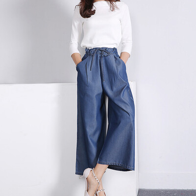 

VIVAHEART Korean casual loose waist large width loose wide leg pants Ms nine points tiles pants VWKN172242 blue