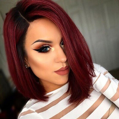 

7A Silky Straight #1B/Red Virgin Brazilian Hair Wigs Glueless Short Bob Bleached Knots Full Lace Human Hair Wigs For Black Women