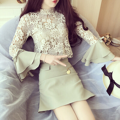 

Sustory women 2017 Japanese collar collar embroidery lace stitching yarn double-layer speaker sleeves bow half skirt two sets of spring SU075 light green M