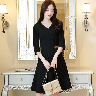 

A morning 2017 autumn women's waist was thin A word skirt female sleeves were thin profile skirt dress S71R0046 black L