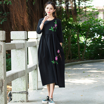 

MaxWay весна 2017 женская национальная ветер ретро китайском стиле ручной росписью потерять платье из хлопка была тонкая талия платье MW061 Black M