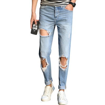 

(MSEK) European and American fashion men's jeans personality trend to do the old nine points pants male LNK70015 light blue 36