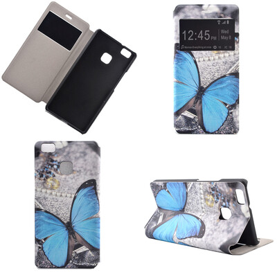 

Blue Butterfly Design PU Leather Flip Cover Wallet Card Holder Case for Huawei P9 Lite