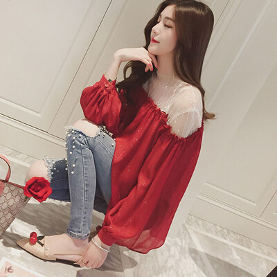 

sustory женщин 2017 весна модели шить яркие шелковые плиссированные фонарь рукав шифона рубашка женский свободный с длинными рукавами рубашки Корейский моды сексуальный бордовый S SU070