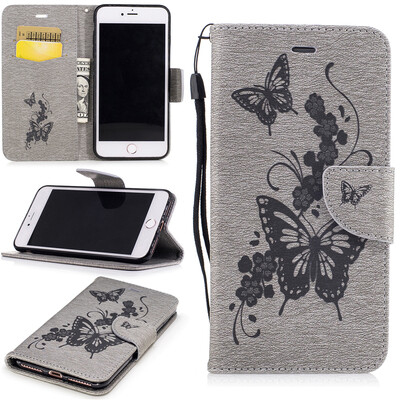 

Gray Butterfly Style Embossing Classic Flip Cover with Stand Function and Credit Card Slot for IPHONE 7 Plus