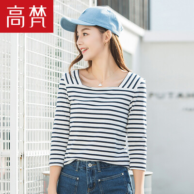 

Высокий ватиканский воротник в рукавах рукавов рукавов Футболка с нижней рубашкой мода была тонкой G1170016 белого владения зеленой полосой 155 / S