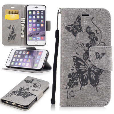 

Gray Butterfly Style Embossing Classic Flip Cover with Stand Function and Credit Card Slot for IPHONE 6 Plus/6S Plus