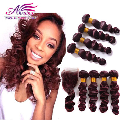 

Peruvian Virgin Hair With Closure 3 bundles with lace closure Red 99j Loose Wave Hair weft With Closure Beauty forever for women