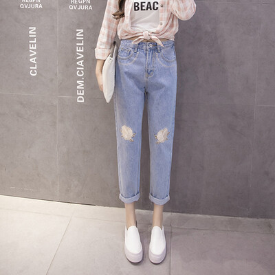 

Long Yue Women&39s High Waist Jeans Embroidered Flowers Harlan Pants Crimping Pants LWKN173308 Light Blue