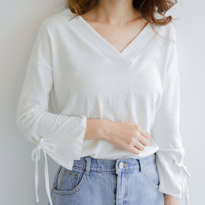 

City plus CITYPLUS art fan cotton linen V-neck T-shirt lotus leaf long-sleeved shirt jacket CWTC173459 white all