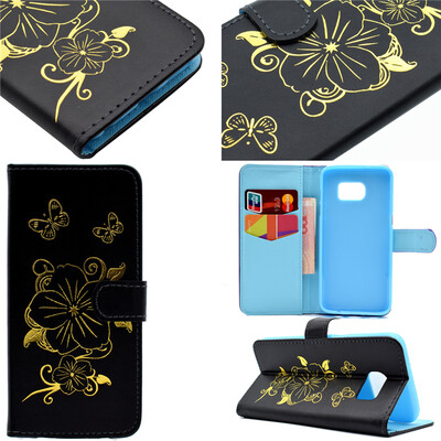 

Черная горячая штамповка фольги Золотой дизайн PU кожа флип крышку кошелек карты держатель чехол для Samsung GALAXY S7