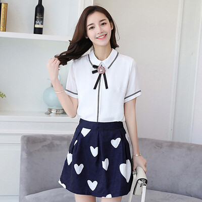 

Longyue women&39s wild short-sleeved chiffon shirt love printing short skirt LWQZ174217 white M