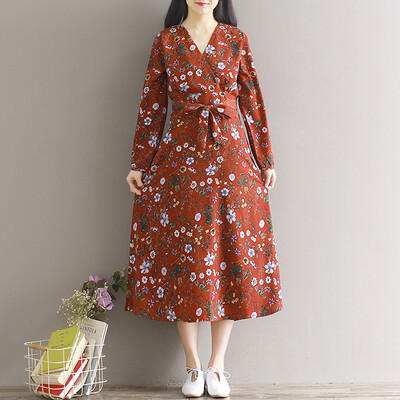 

CITYPLUS Искусство и ремесла с длинным рукавом Свободное базовое шифоновое цветочное платье CWQZ172454 Цвет L