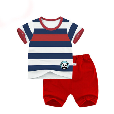 

Yue Tong Lai children's suit summer boy short-sleeved T-shirt harem pants suit summer Y1914 striped panda 130