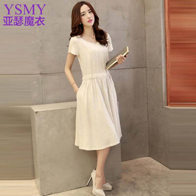 

Аврора Эльва Корейская версия текста с коротким рукавом хлопчатобумажные и льняные платья женская полусетка Slim юбка лето S8215 белый L код