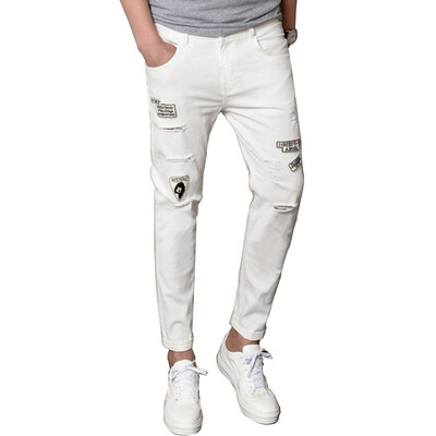 

GLO-STORY Jeans Men's Patch Patching Cracked White Cowboy Pants Pants Male LNK71028 White 32