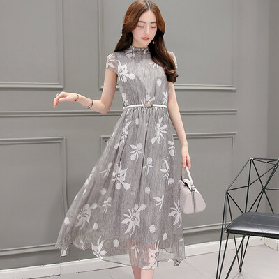 

A morning 2017 new summer dress waist short-sleeved lotus leaf collar print temperament holiday long skirt S72R0488A11M gray M