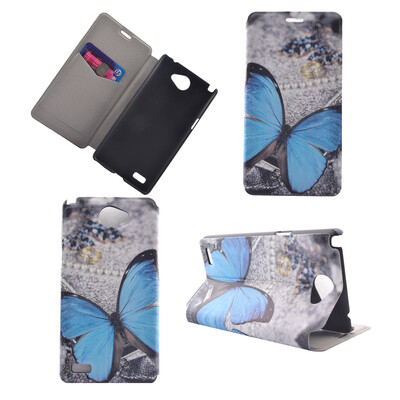 

Blue Butterfly Design PU Leather Flip Cover Wallet Card Holder Case for LG BELLO II