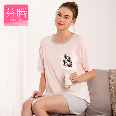 

Fen Teng FENTENG Underwear Pajamas Summer 2017 New Spliced ​​Pockets Round Collar Shorts Short Sleeve Set Home Service Female X9723622 Pink