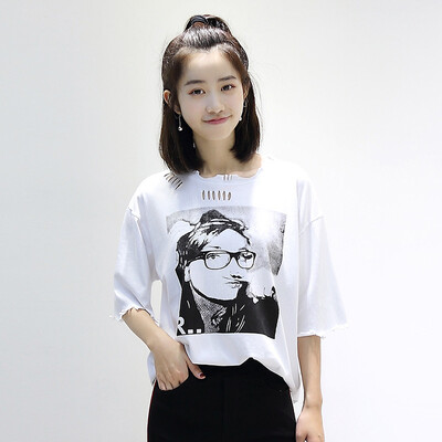 

City plus CITYPLUS literary Fan loose thin pattern printing hole round neck long section T-shirt female CWTD174477 black