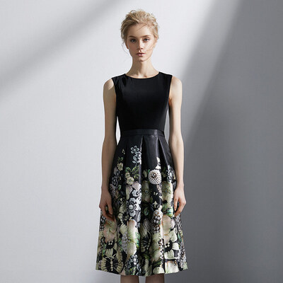 

Marc Rebecca elegant print stitching sleeveless S-shaped dress 72006E black printing S code