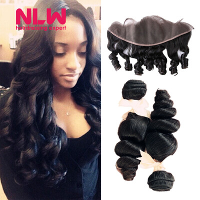 

13" x 4" 8A grade Brazilian Virgin human Hair Lace frontal With 2pcs unprocessed virgin loose wave black Hair Bundles Weaves