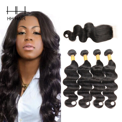 

HHHair Peruvian Body wave Hair 4 Bundles With 1pc Closure Unprocessed Virgin Human Hair Weft with 1pc 4x4 Inch Free Part Closure