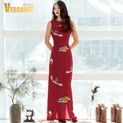 

VERRAGEE 2017 Europe and the United States women's summer new Slim retro print dress high waist slits red sleeveless long skir