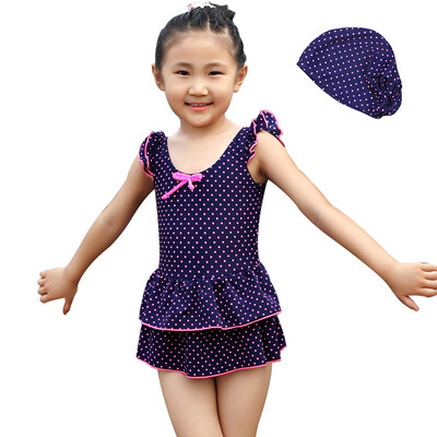 

Yi Zi EZI children&39s conjoined skirt swimsuit sweet bright color point swimming cap Ezi10098 navy blue 100cm