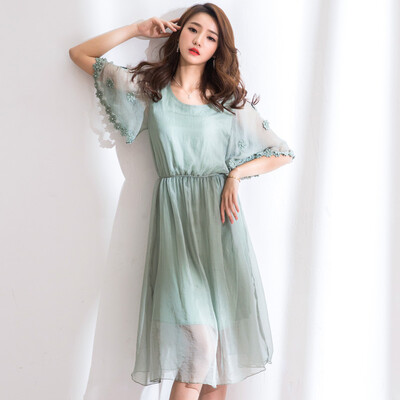 

Sibo homes 2017 new summer dress round neck embroidery high waist Korean version of the trumpet chiffon solid color long skirt S72R0250A4XL green
