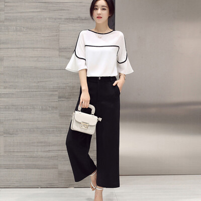 

Ах Sin 2017 женщин корейской моды Тонкий темперамент был тонкий с короткими рукавами шифон широкие брюки ноги вскользь элегантность простых костюмов zx16051101 белые брюки S