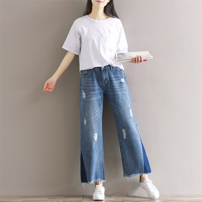 

CITYPLUS Sen Wo Department of Arts&Crafts retro burr wide leg nine pants hole hole side triangle fight color jeans CWKN172354 blue