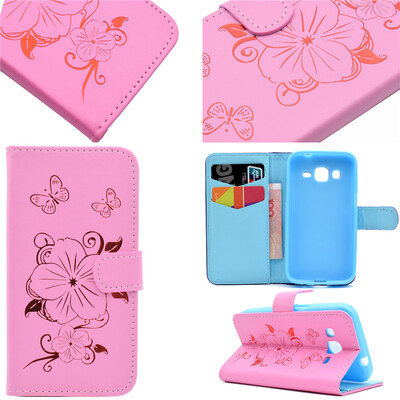 

Розовая горячая штамповка фольги Золотой дизайн PU кожа флип крышку кошелек карты держатель чехол для Samsung GALAXY CORE Prime