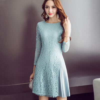 

VIVAHEART Korean version of the long fashion Slim long-sleeved lace dress female A word skirt VWQZ172240 light blue M