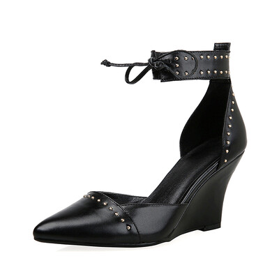

WETKISS Genuine Leather Fashion Summer Women Sandals High Heeled Wedges Pointed Toe Sexy Rivets Shoes Woman Elegant Sandals